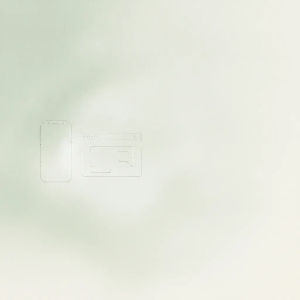 Abstract sage-green light with a faint outline of a phone and a browser window drawn in thin lines